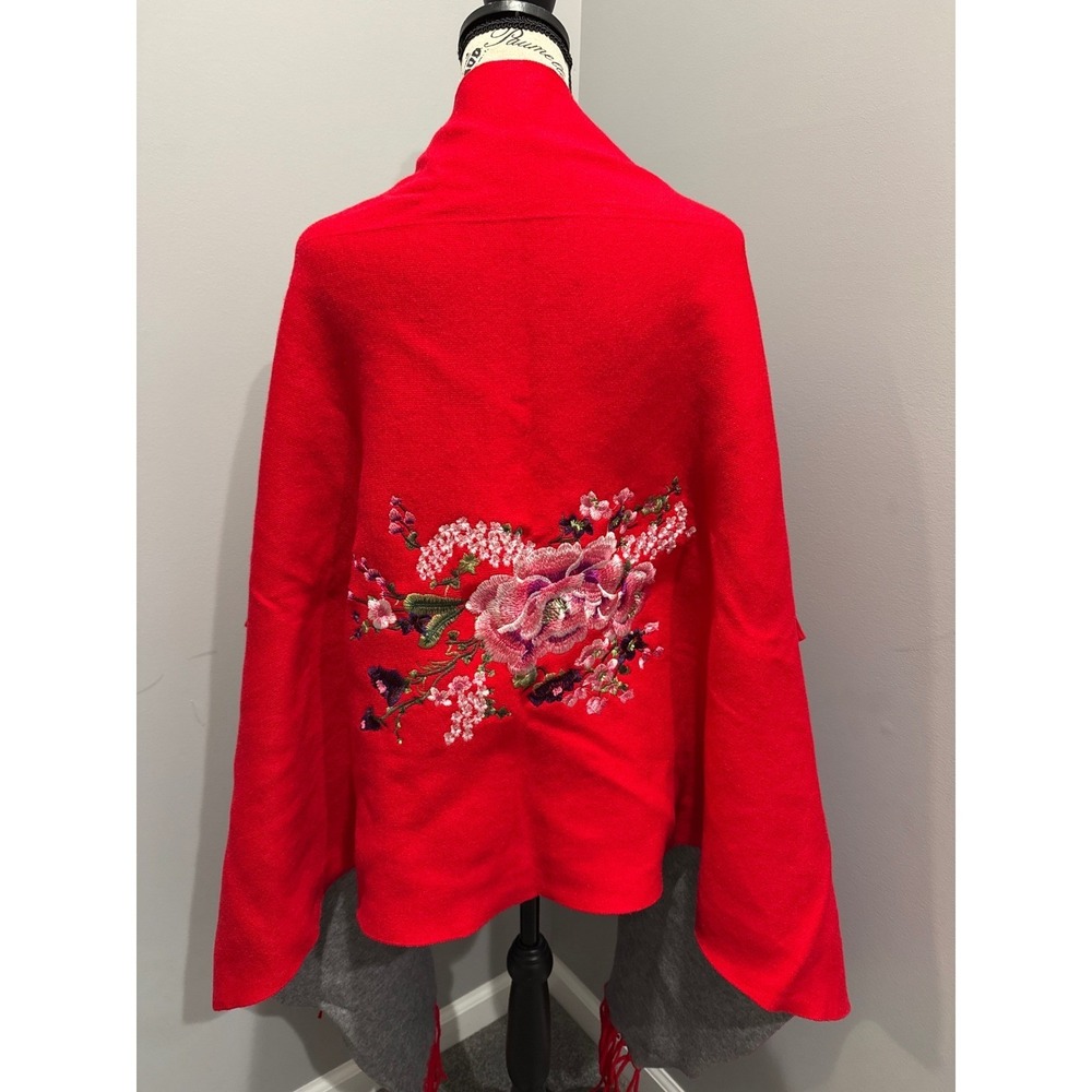 Red Embroidered Wrap Shawl Cardigan Scarf with Gray Fringe Collar Wrap One Size